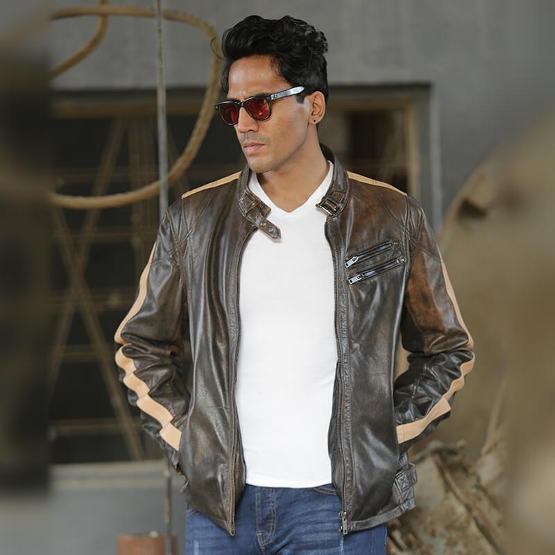 Novado Online - Brown and Beige Mens Leather Jacket - NMLJ-1437