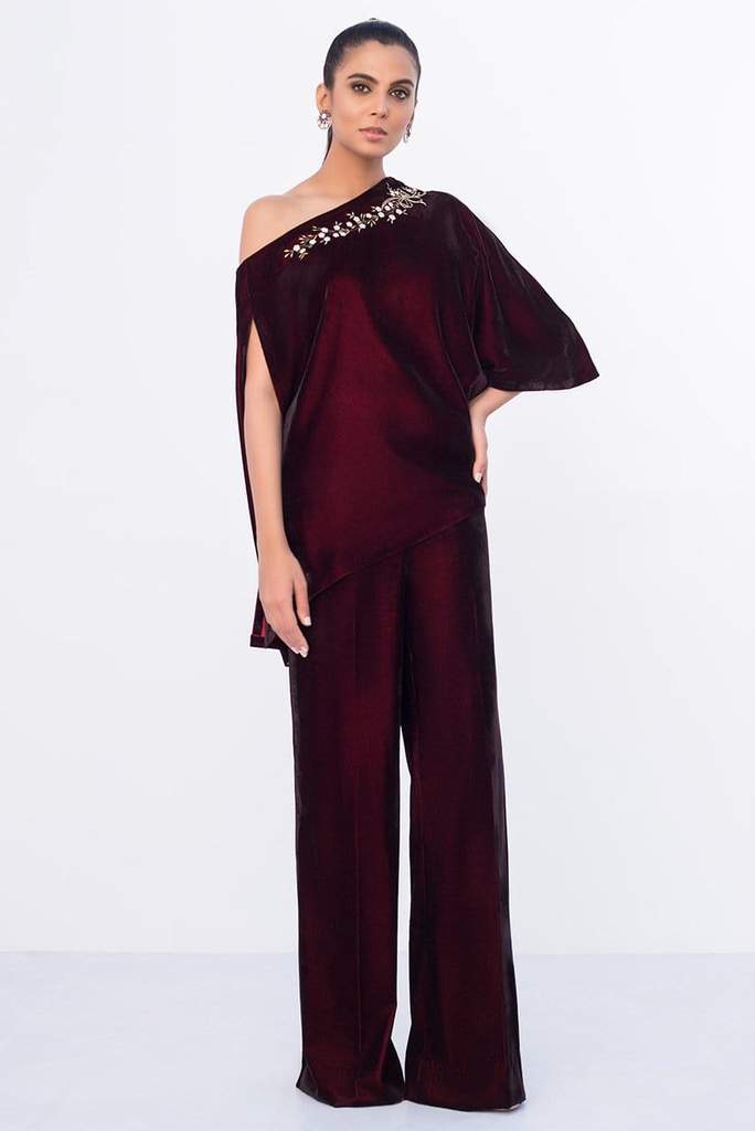 Deep Mahogany Velvet Off Shoulder Top - PD20RG215