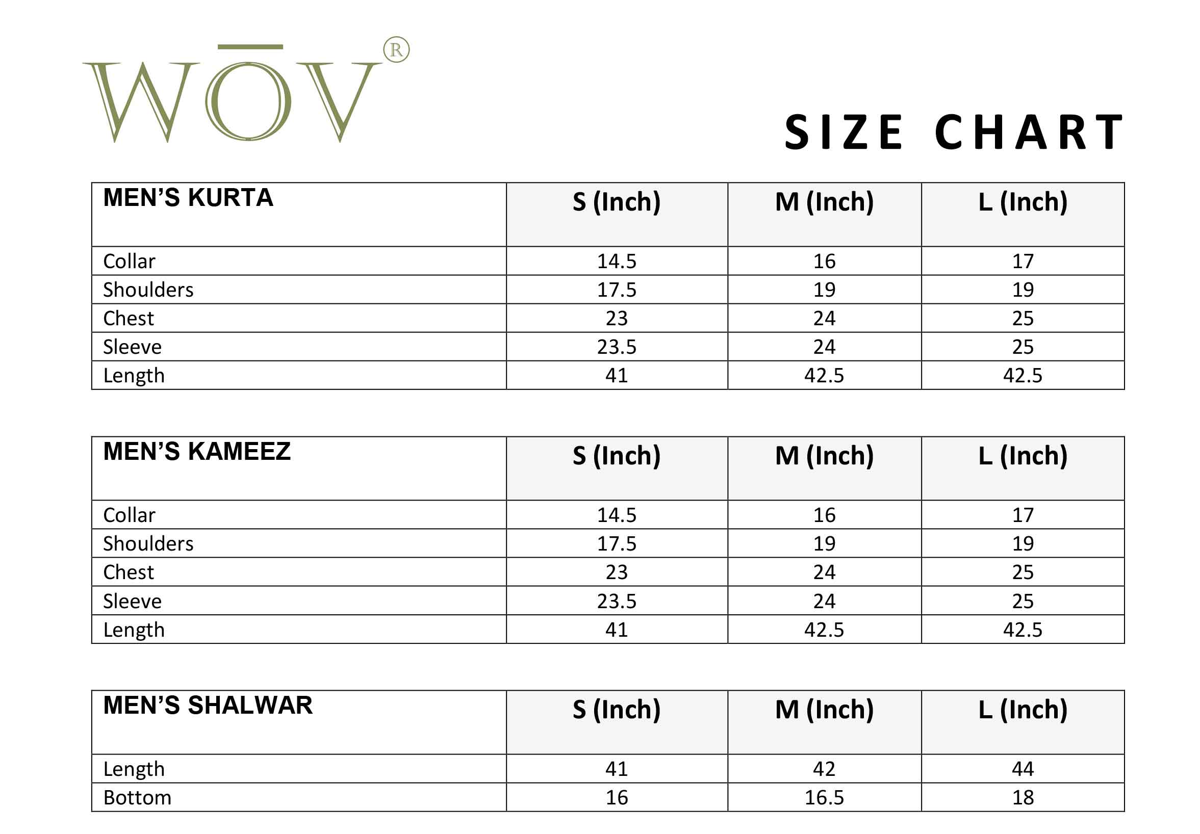 Wov Men Size Chart – Studio by TCS