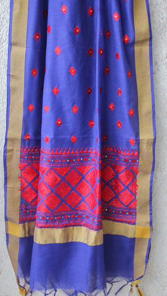 Chanderi Blue and Red Hand Embroidered Phulkari Dupatta – CraftyHandsIndia