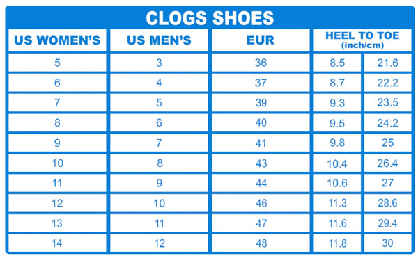 The new size chart for Teezalo clogs shoes