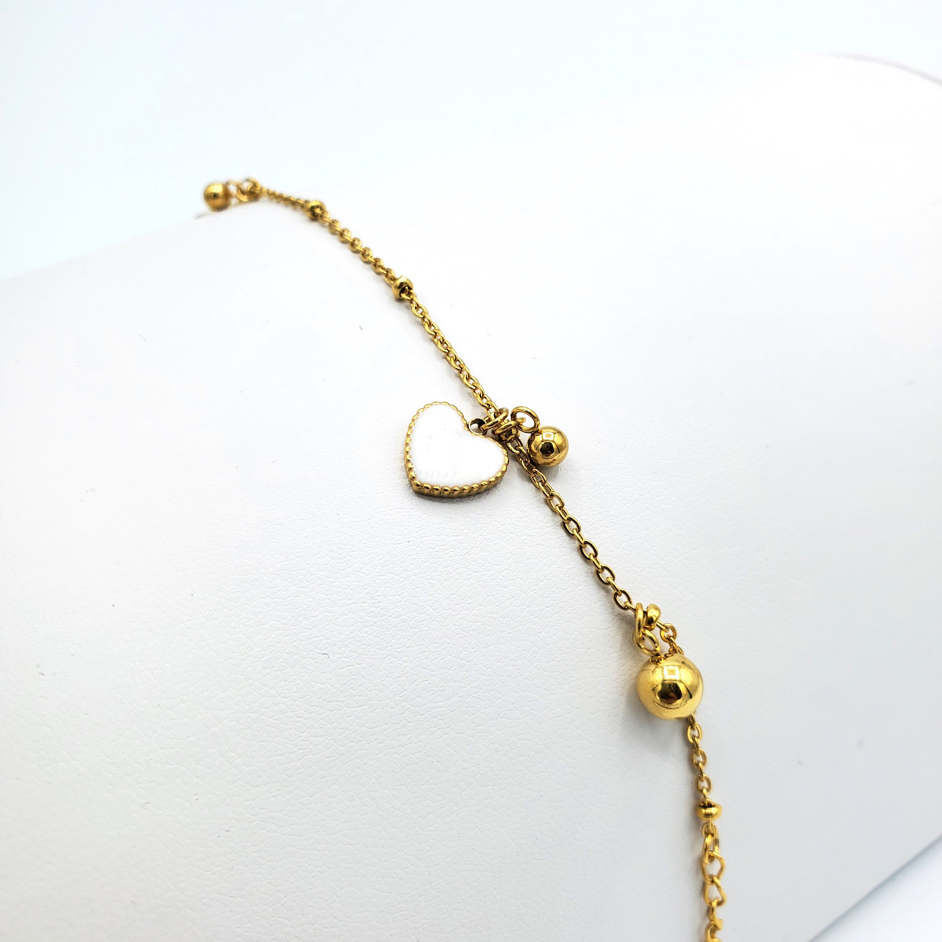 White Heart Ball Charms Gold Bracelet