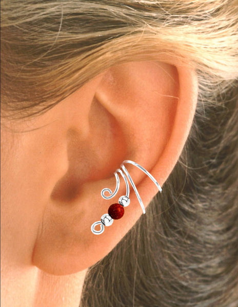 Goldstone Beaded Silver Short Wave Ear Cuff earrings