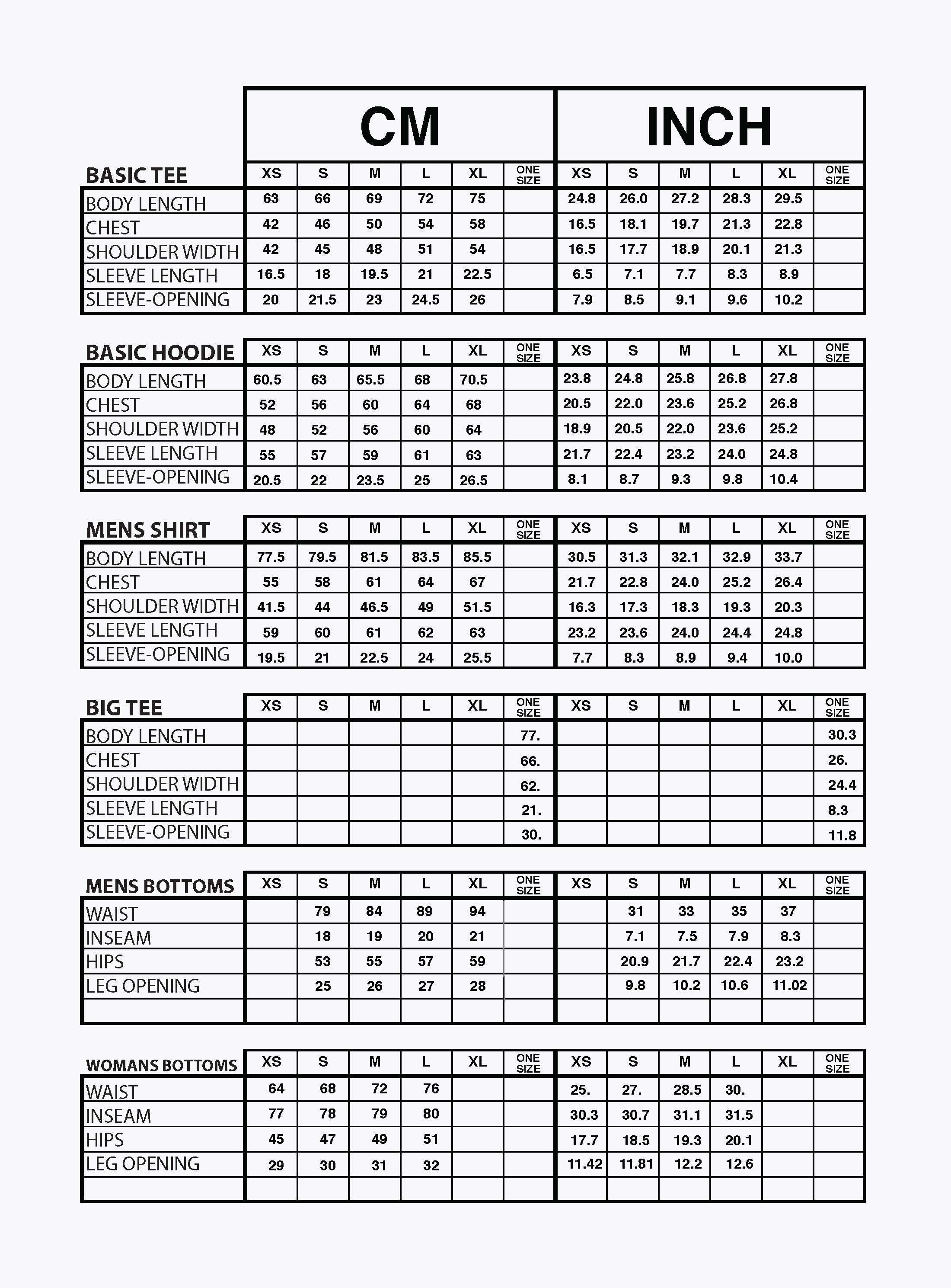 GCDS Size Chart