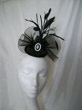 Black Emily -Vintage Victorian Gothic Style Crinoline Bow & Feather Fascinator Mini Hat - Gothic Diva Wedding Designs