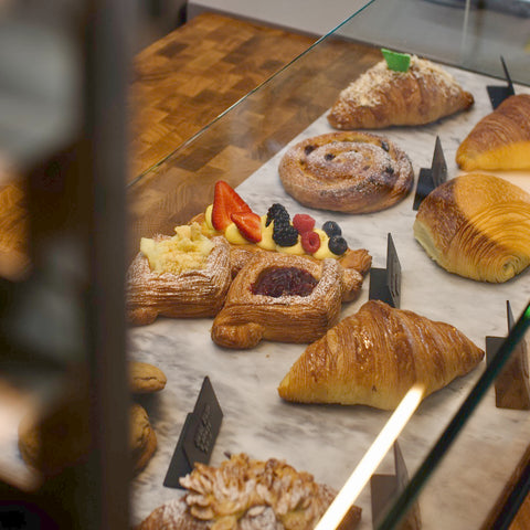 Pastries at Calle Bakery including regular croissants and more exotic pastries