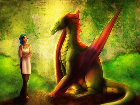 A glowy green-gold drawing showing a young woman with an apron and kerchief on the left looking at a tall green-gold-red dragon on the right