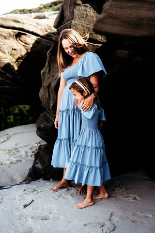 Mommy and Me standing blue dresses