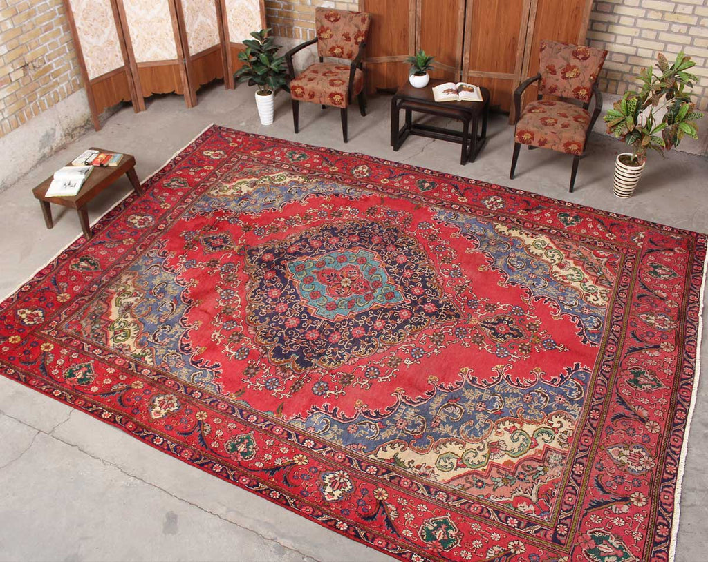 9x12 Wool Distressed Red And Blue Handmade Persian Area Rugs HeSamCrafts