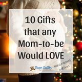 Photo of pregnant woman by a lit Christmas tree with text "10 gifts that any mom to be would love"