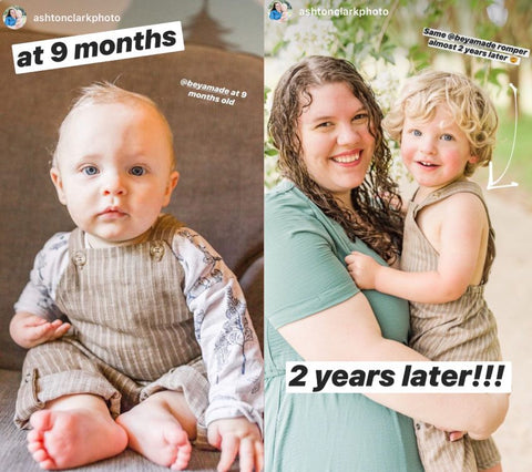Two photos side by side, photo 1: baby sitting up wearing romper. Photo 2: toddler in a woman's arms wearing same romper