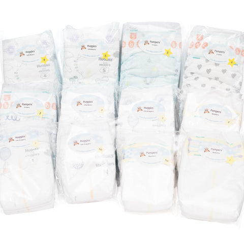 Photo of 12 Diaper Sample Packs including Huggies and Pampers Diaper Sample Packs in sizes newborn, 1, 2, 3, 4 and 5