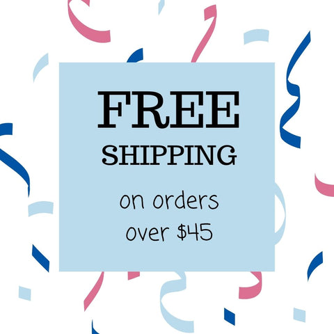 Confetti background with text "FREE SHIPPING on orders over $45"