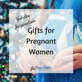 Photo of pregnant woman in blue dress holding an ornament next to a Christmas tree with text "Gifts for Pregnant Women"