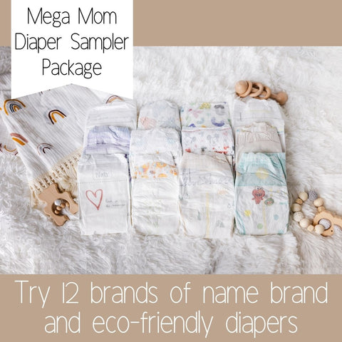 Mega Mom Diaper Sampler Package; try 12 brands of name brand and eco-friendly diaper sample packs