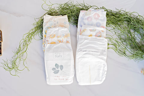 6 single eco-friendly diapers in various brands displayed on a plain background with green moss swag