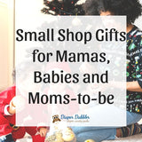 Photo of woman and two children in front of Christmas tree with text overlaid 'Small Shop Gifts for Mamas, Babies and Moms-to-be"