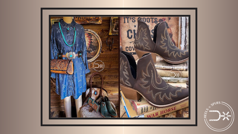 #1. A Chic Shirt Dress_ Denim Blue Ariat Camp Dress, Lucia Chain Belt, Patsy Crossbody, and Vaquera Booties