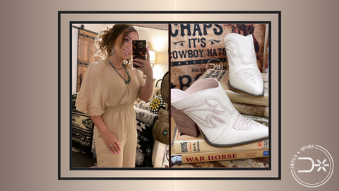 #2. Subtle Ruffles into the Play_ Lady Mae Jumpsuit, Buffalo Concho Earrings, Phoenix Navajo Necklace, and Off-White Lainey Mules