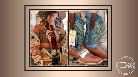4. Christmas Carnival and BBQ Look_ Aztec Western Blazer, Rust Scoop Neck Top, Kancan High Rise Slim Flare Jeans, and Odessa Stretch Fit Western Boot