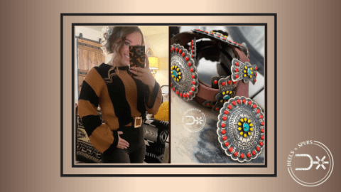 Embracing the Rustic Charm: Striped Sweater, Vintage Black Vibrant Jeans, El Dorado Concho Belt, and Ava Booties