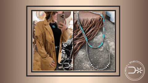 Let Your Fashion Go Wild with Fringes: Wild West Fringe Blazer/Jacket, Navy Lainey Top, REAL Mid Rise Stretch Entwined Boot Cut Jean, and Phoenix Navajo Necklace
