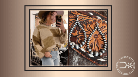 A Love Affair with Earthy Tones: Color Block Sweater, 90s Vintage Flare Flying Monkey Jean, Navajo Earrings, and Frontier Tilly Rodeo Tan Ariat Women’s Boots