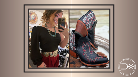 #7. In the Mood for a Party_ Black Daisy Crop Top, Desert Wide Leg Pants, Authentic Navajo Pearl Choker, and Black Ariat Chimayo Dixon Boots