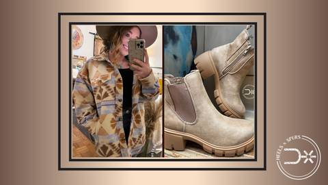 8. The Cool Girl Look_ Lulu Aztec Shacket, Navy Senora Turtleneck, Ariat Mid Rise Arrow Fit Jocelyn Boot Cut Jean, and Taupe Winter Booties
