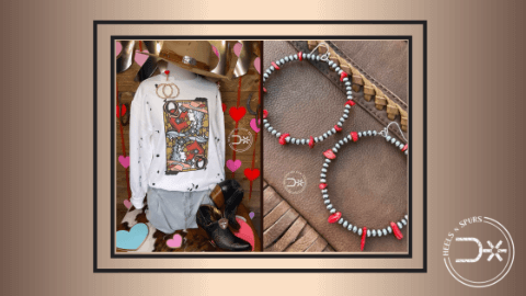 The Magic of Abstract Prints: Queen of Hearts Sweatshirt, Vibrant Distressed Jeans, Barbarosa Western Hat, and Chip Hoops