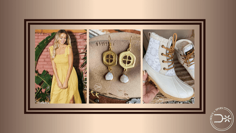 Boho Mustard Dress, Maddie Earrings, Sunflower Crossbody Wallet, and Taupe Heritage Harding Duck Boots