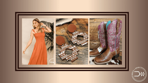 Boho Rust Dress, Primera Stretch Fit Western Boots, The Ivory Stage Coach Duffle Bag, and The Aztec Earrings