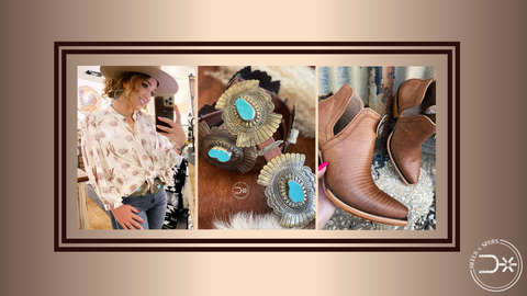 Chicest Semi-Formal Look Ariat Cactus Desert Top, Rodeo Gal Flares, Ol Feather Concho Belt, Ariat Dixon Brown Lizard Print Boots