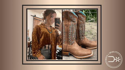 Light Up Your Flair: Vintage Rust Velvet Top, Ariat Premium High Rise Stretch Straight Jean, and Ariat Frontier Tilly Rodeo Tan Women’s Boots