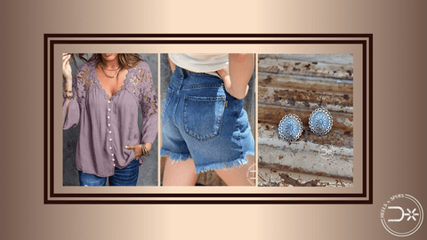 The Knot Me Pretty Look Purple Maggie Lace Top, Wild West Vibrant Shorts, Silver Concho Studs, and Taupe Platform Sandals