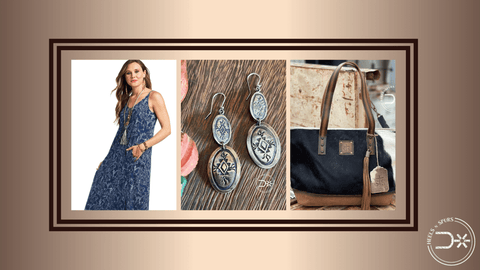 The Laso Ariat Dress, Authentic Silver Double Oval Earrings, Classic Cowhide Tote, and Round-Up Ariat Western Boots
