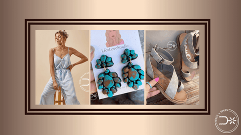 The Megan Jumpsuit, The Steffy Cream Sandals, Mega Mesa Turquoise Earrings