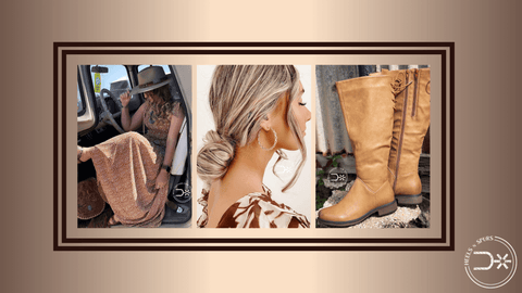The Rustic Fall Dress, The Fall Festival Boots, Chain Hoops Earrings, and The Cali Tooled Purse