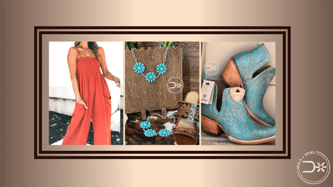 The Summer Girl Jumpsuit, The Magnolia Necklace, Cowgirl Turquoise Studs, and Turquoise Patina Ariat Dixon Boot