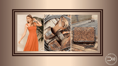 The Sunlit Beauty Boho Rust Dress, Emily Earrings, Western Tooled Wedges, and Tooled Desperado Chain Crossbody