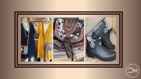 The Western Boho Dress, Cowhide Will Vary Darling Jewelry Case, The Pendleton Classic Black Geo Boots, and Lil Desert Crossbody Bag
