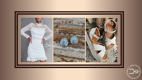 Classic White Lace Dress, Silver Concho Studs, Navajo Bracelet, and Taupe Platform Sandals