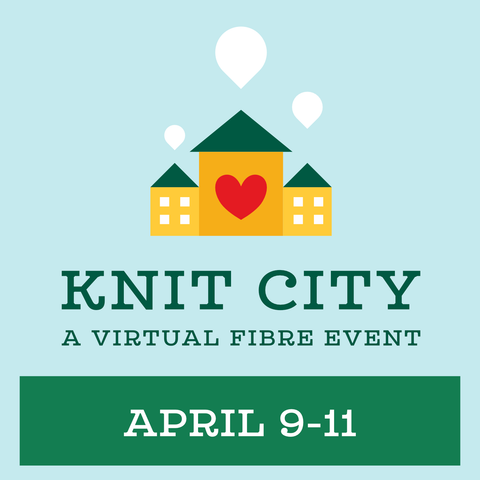 Against a pale blue background are three yellow houses with green rooves.  The side houses have 4 white windows each, the centre house has a red heart.  The houses have little white inverted tear shaped bubbles coming from the peak of the roof.  Beneath the houses it reads "Knit City: A virtual Fibre Event April 9-11"