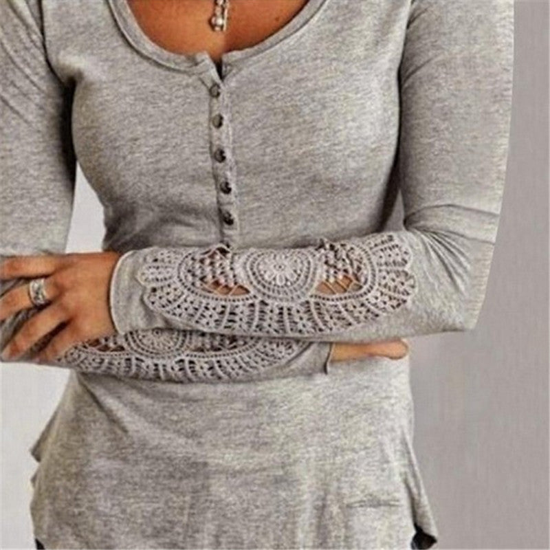 Lace Crochet Button T Shirt Women Hollow Lace Long Sleeve T Shirts For Women Slim Casual Tops Tee Sh