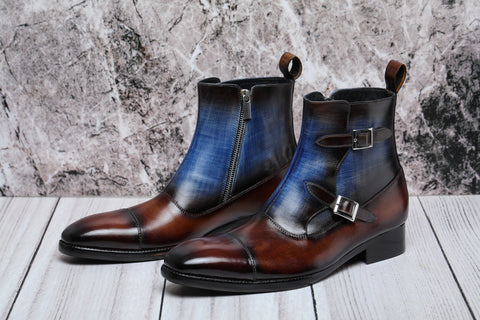 Captoe Double Monkstrap Zipper Boots - Brown & Blue