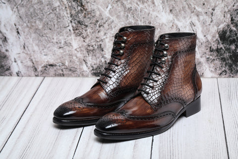 Wingtip Lace Up Boots - Croc Brown