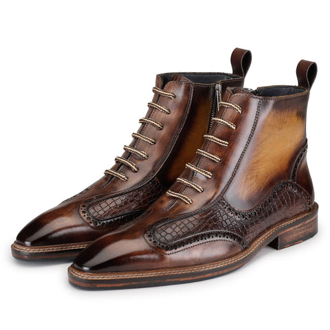 Plain Toe Lace Up with Zipper - Brown