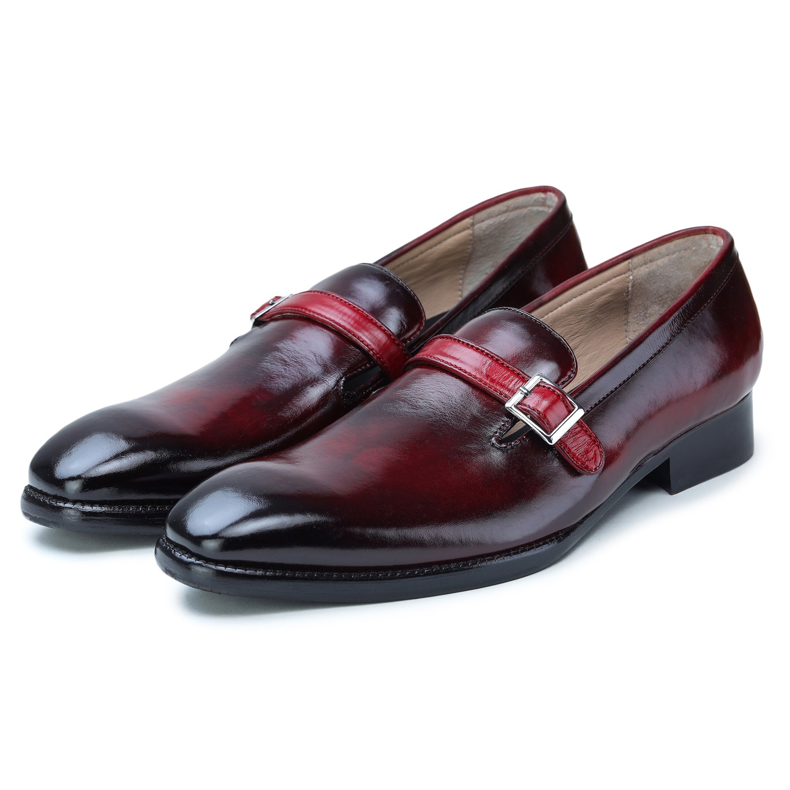 Men's Medallion Toe Single Monk Strap Shoes - Wine Red by Lethato