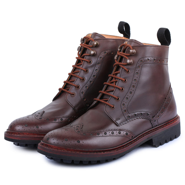 Lethato Goodyear Welted Wingtip Brogue lace Up Boots- Brown