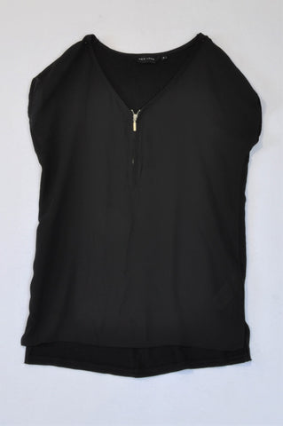 New Look Black Sheer Back Zip Blouse Women Size 6